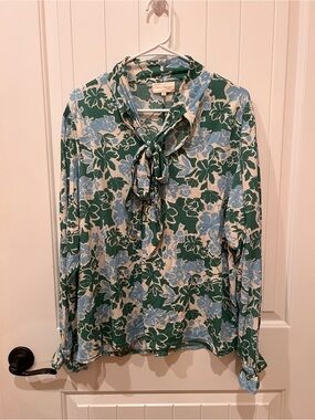 Floral blouse with bow tie neck top.  Blue & green floral print